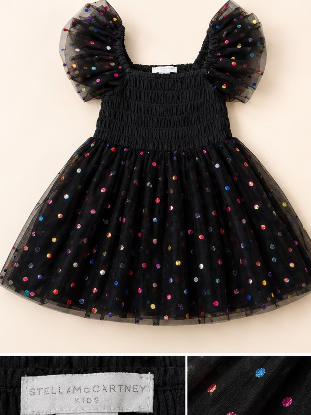 Stella McCartney Kids Black Tulle Dress with Rainbow Polka Dots
